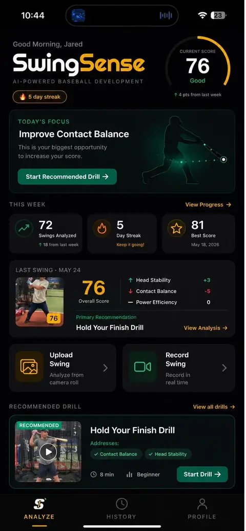 SwingSense home screen showing current score and today's focus